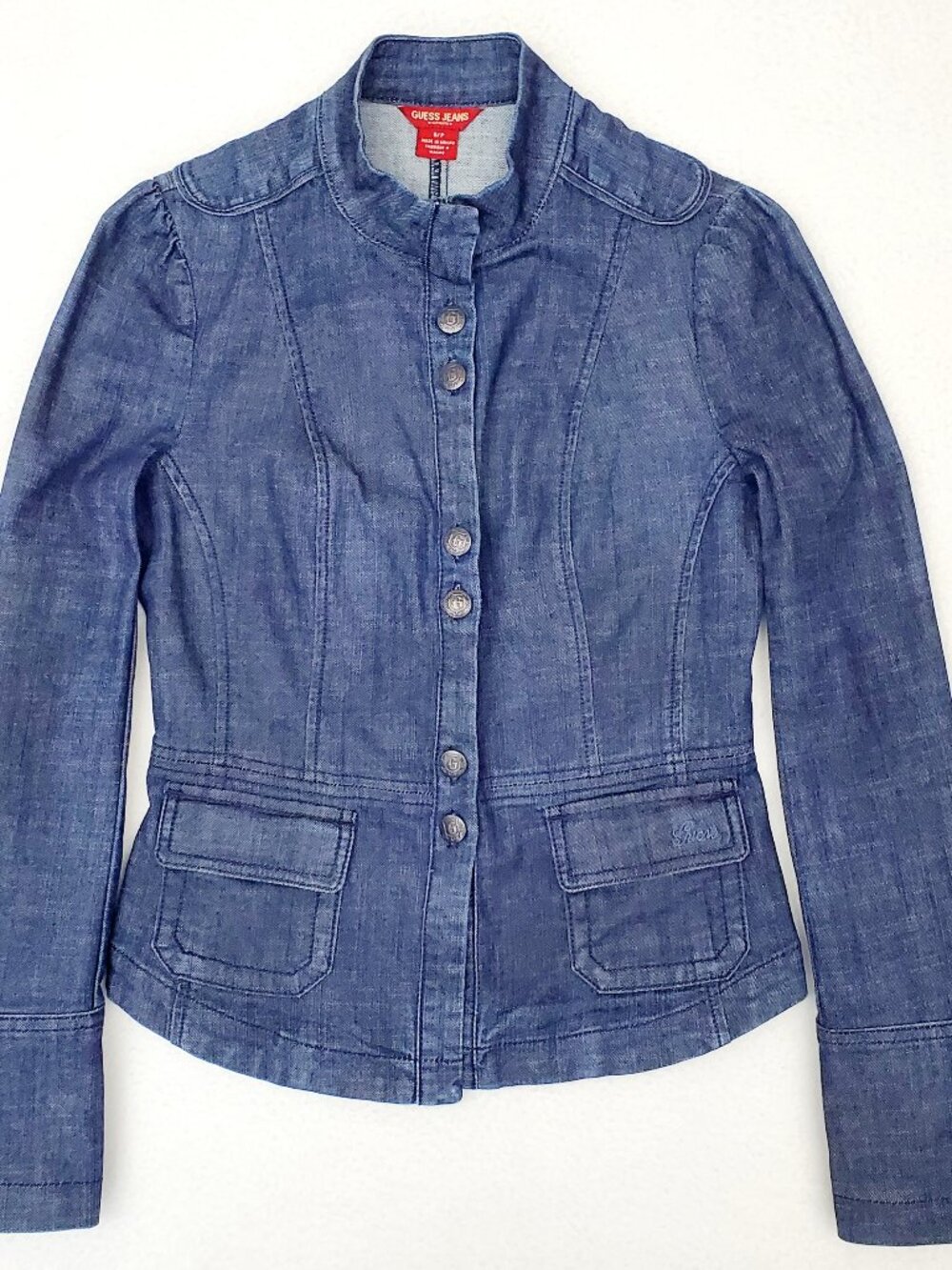 GUESS JEANS Womens Size S Dark Blue Long Sleeve Ribbed Denim Vintage Jacket Coat